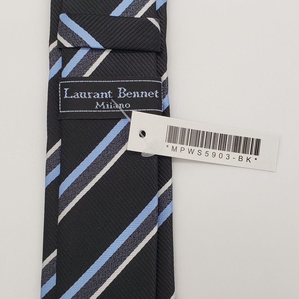 Laurant Bennet Milano Men's Dress Skinny Neck Tie Black Blue Stripe 57"L 2 1/8"W - Picture 5 of 8